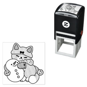 Cute Cat in Snow Gear with Snowman Art Self-inking Stamp