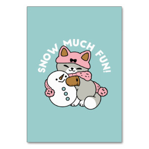 Cute Cat in Snow Gear with Snowman Art Table Number