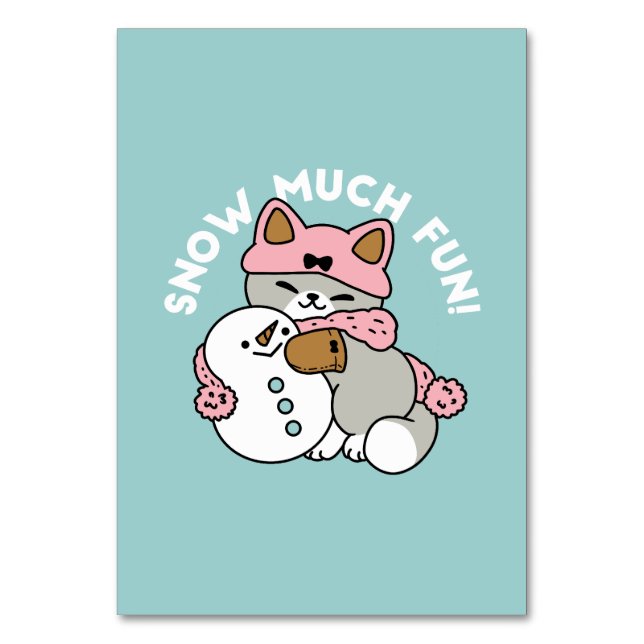 Cute Cat in Snow Gear with Snowman Art Table Number (Front)