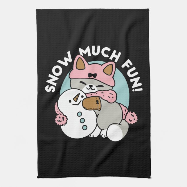Cute Cat in Snow Gear with Snowman Art Tea Towel (Vertical)