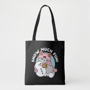 Cute Cat in Snow Gear with Snowman Art Tote Bag
