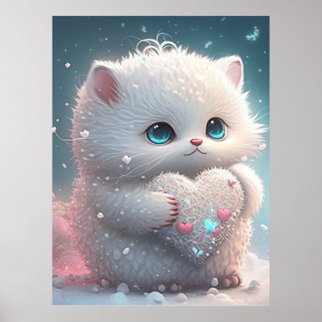 Cute Cat in Snow holding Heart Personalised Art Po Poster (Front)