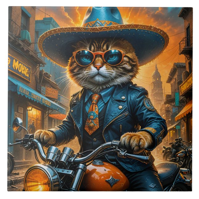 Cute Cat In Sombrero And Motorcycle Tile (Front)