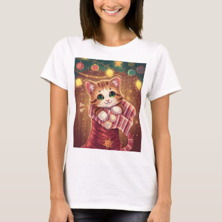 Cute Cat in Stocking Christmas Holiday T-Shirt