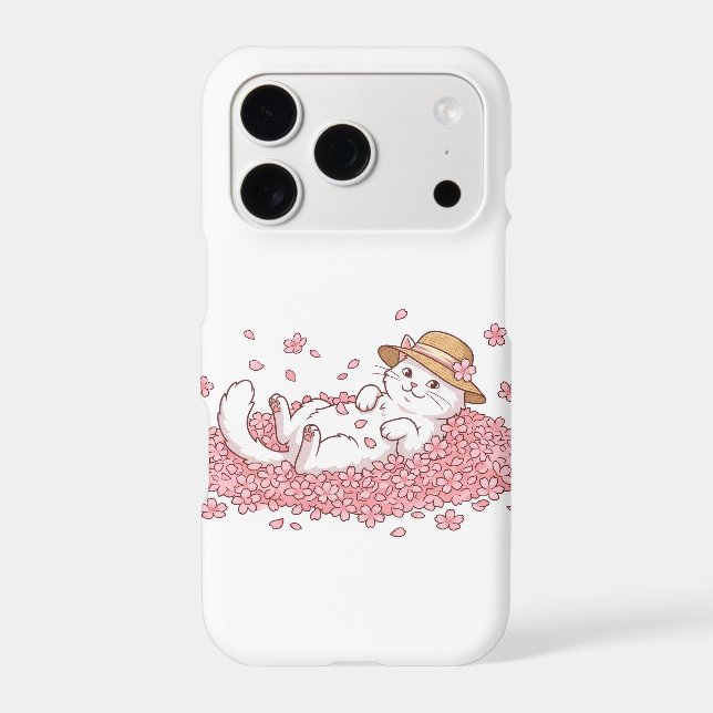 Cute Cat in Straw Hat Resting in Sakura Blossoms (Back)