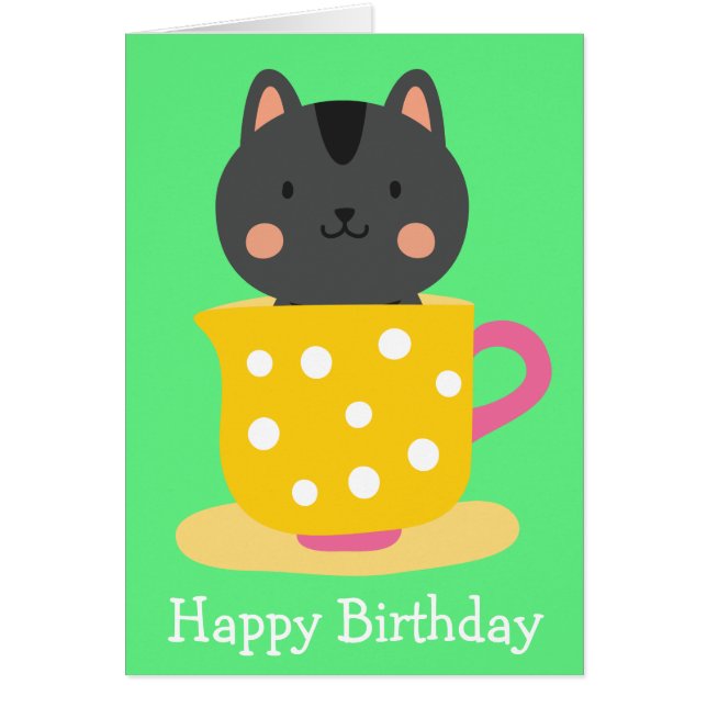 Cute cat in teacup cartoon on mint (Front)