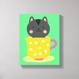 Cute cat in teacup cartoon on mint canvas print