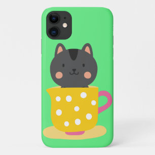 Cute cat in teacup cartoon on mint iPhone 11 case