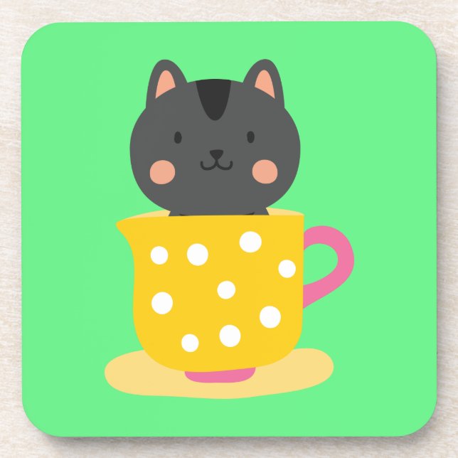 Cute cat in teacup cartoon on mint coaster (Front)