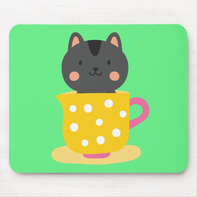 Cute cat in teacup cartoon on mint mouse mat (Front)