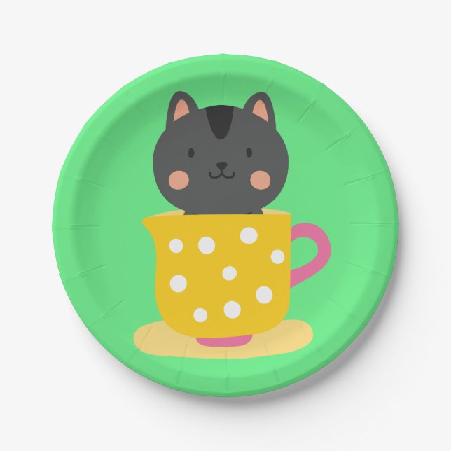 Cute cat in teacup cartoon on mint paper plate (Front)