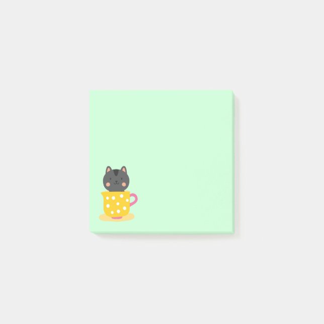 Cute cat in teacup cartoon on mint post-it notes (Front)