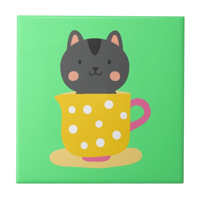 Cute cat in teacup cartoon on mint tile (Front)