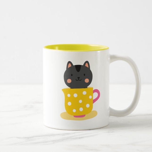 Cute cat in teacup cartoon on mint Two-Tone coffee mug (Right)