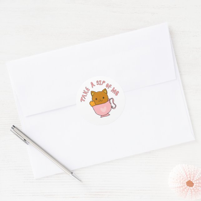Cute Cat in Teacup Illustration – Take a Sip of Me Classic Round Sticker (Envelope)
