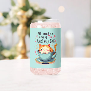 Cute Cat in Teacup Kawaii Cosy Art Can Glass