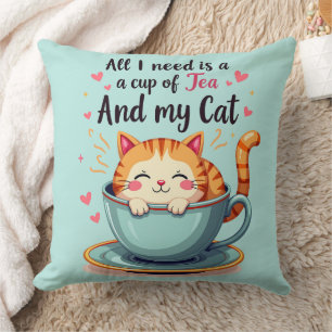 Cute Cat in Teacup Kawaii Cosy Art Cushion