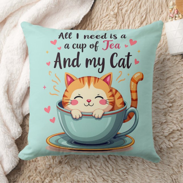 Cute Cat in Teacup Kawaii Cosy Art Cushion (Blanket)
