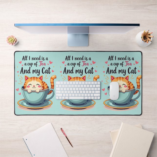 Cute Cat in Teacup Kawaii Cosy Art Desk Mat (Office 1)