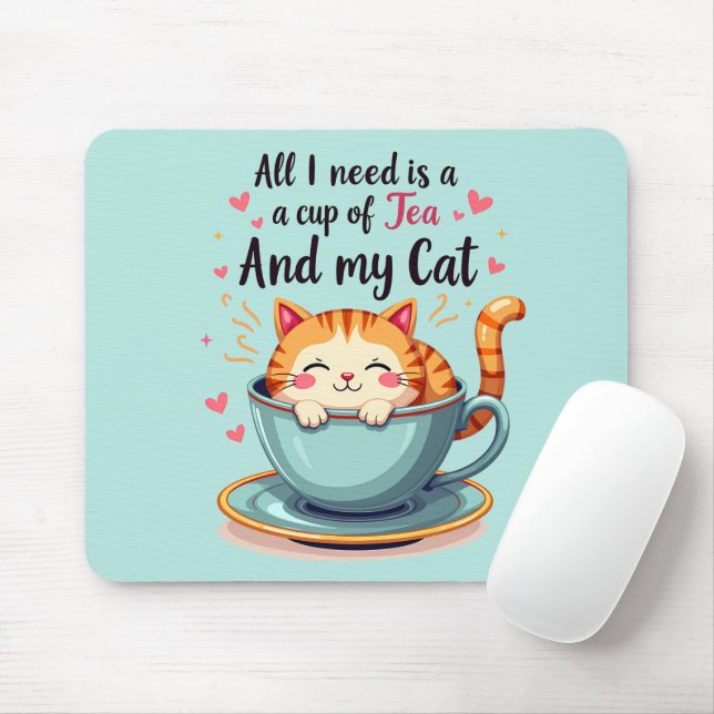 Cute Cat in Teacup Kawaii Cosy Art Mouse Mat (With Mouse)