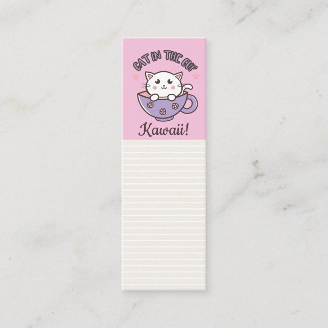 Cute cat in the cup pink mini business card (Front)