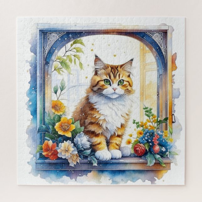 Cute Cat in Window of Flowers  Jigsaw Puzzle (Vertical)