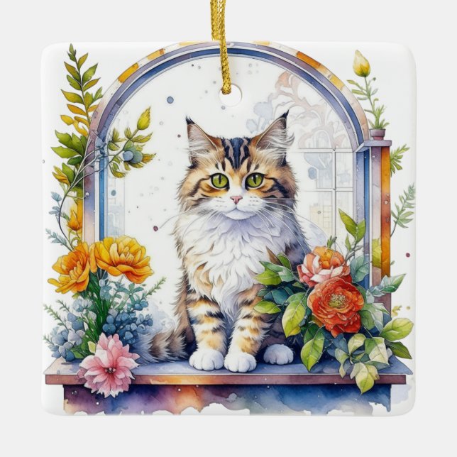 Cute Cat in Window of Flowers Personalised Ceramic Ornament (Front)