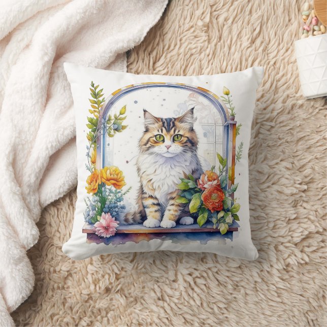 Cute Cat in Window of Flowers Personalised Cushion (Blanket)