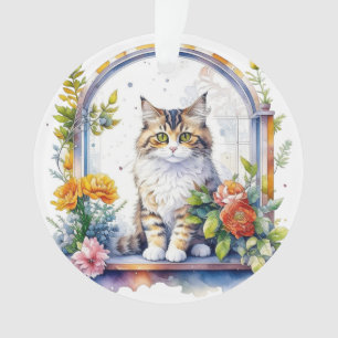 Cute Cat in Window of Flowers Personalised Ornament