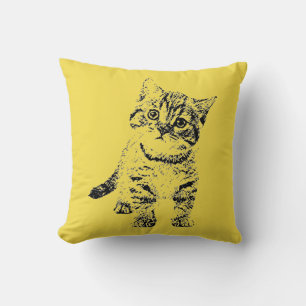 Cute Cat Ink Pen Sketch Yellow Cushion