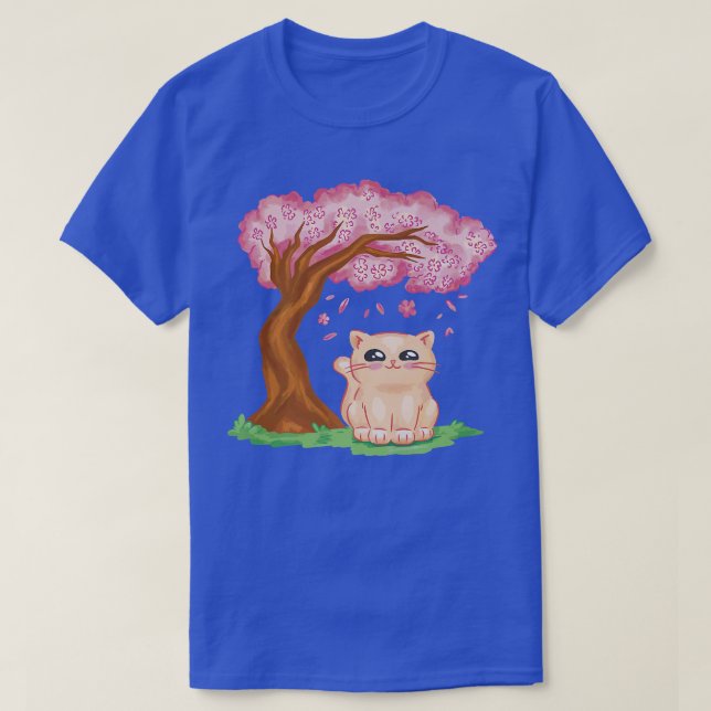 Cute Cat Kawaii Japanese Cherry Blossom Sakura Ani T-Shirt (Design Front)