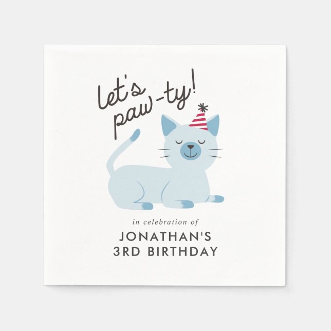 Cute Cat Kids Birthday Party Blue Napkin (Front)