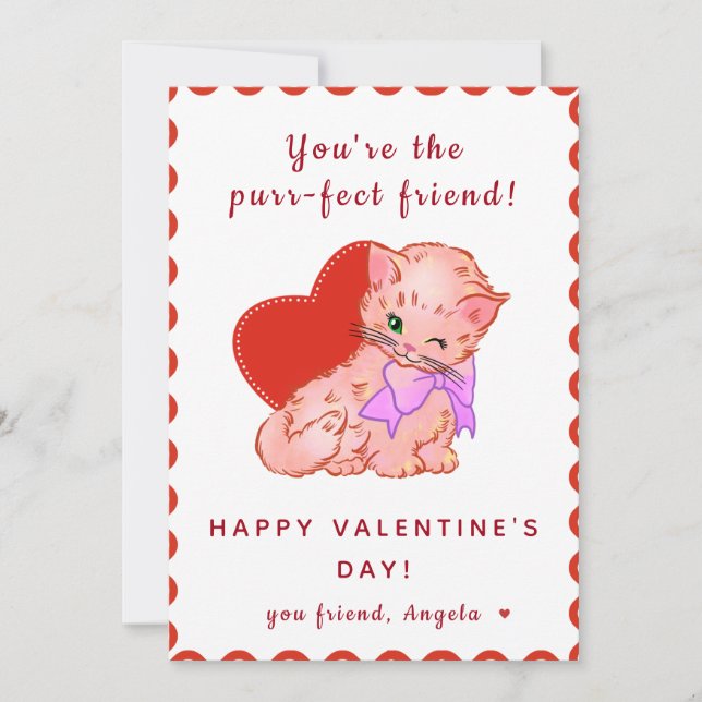 Cute Cat Kids Girl Classroom Friend Valentines Day Holiday Card (Front)