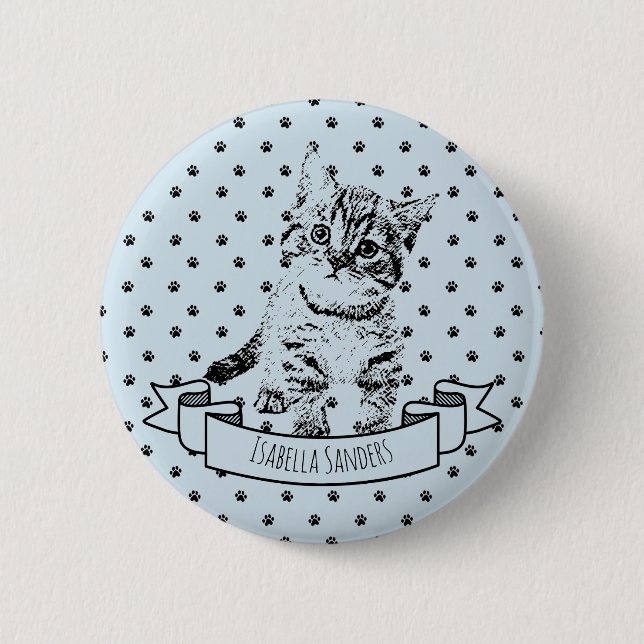 Cute cat kitten | all-over paw print on blue 6 cm round badge (Front)