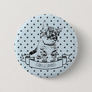 Cute cat kitten all-over paw print on blue 6 cm round badge