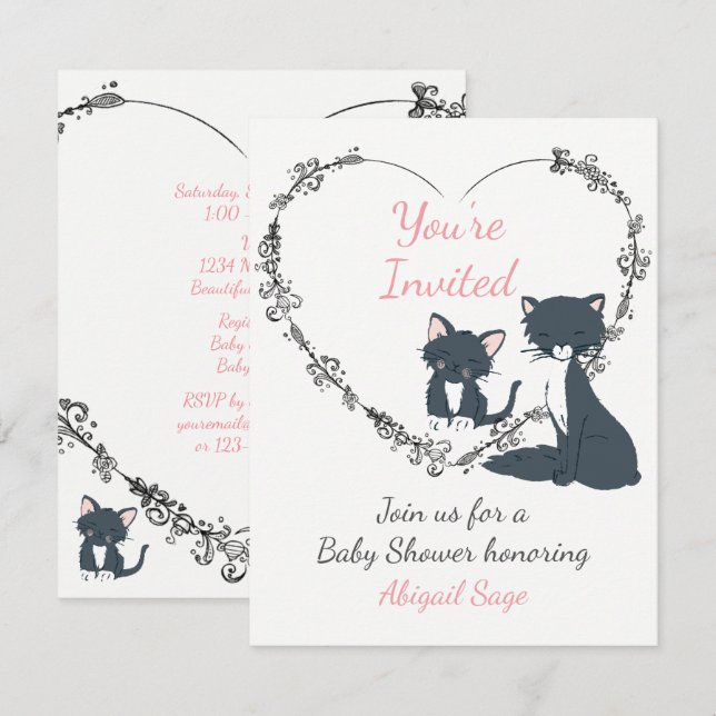 Cute Cat, Kitten and Flower Heart Baby Shower  Invitation (Front/Back)