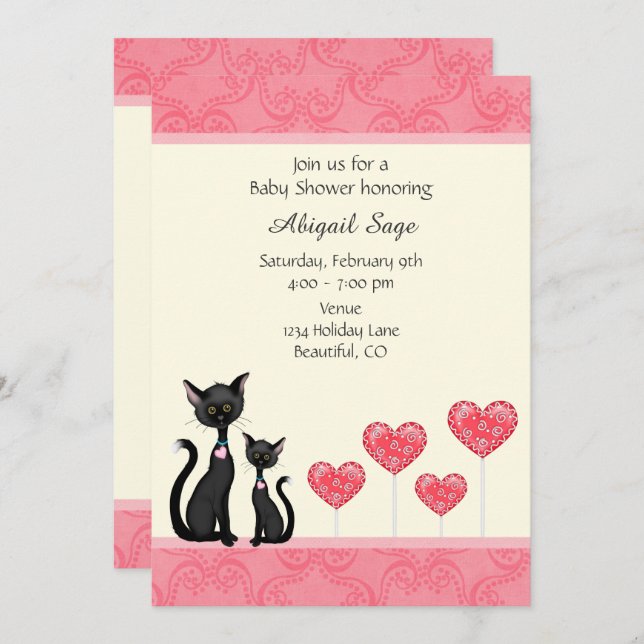 Cute Cat, Kitten and Hearts Baby Shower Invitation (Front/Back)