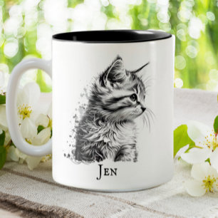 Cute Cat Kitten Black & White Sketch Personalised Two-Tone Coffee Mug