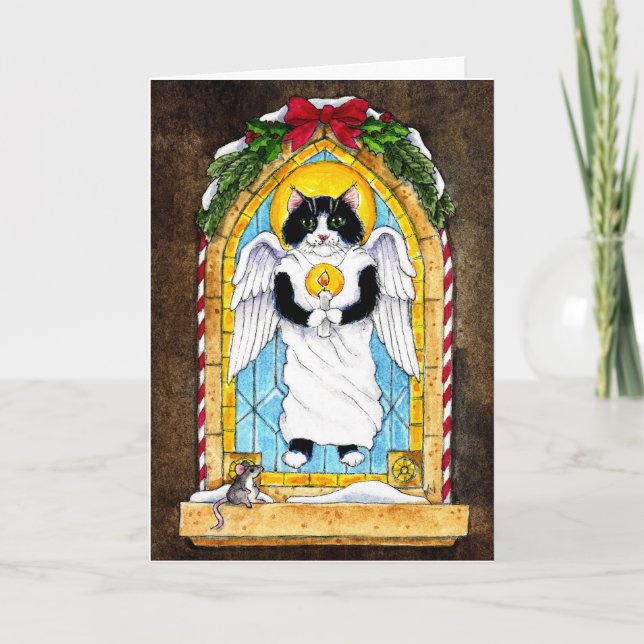 Cute Cat Kitten Christmas Angel mouse Holiday card (Front)