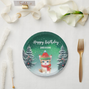 Cute Cat Kitten Christmas tree birthday girl party Paper Plate