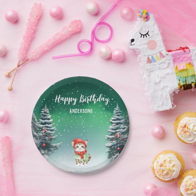 Cute Cat Kitten Christmas tree birthday girl party Paper Plate (Party)