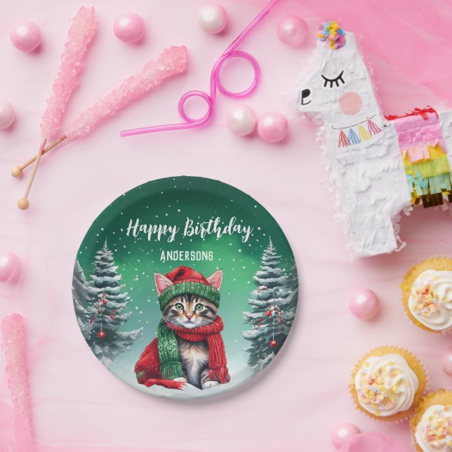 Cute Cat Kitten Christmas tree birthday girl party Paper Plate (Party)