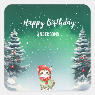 Cute Cat Kitten Christmas tree birthday girl party Square Sticker