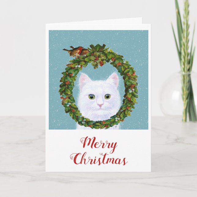 Cute Cat Kitten Christmas Wreath Holiday card (Front)