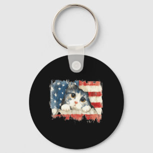 Cute Cat_Kitten Distressed American Flag USA Key Ring