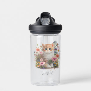 Cute Cat Kitten Floral Watercolor Personalised  Water Bottle