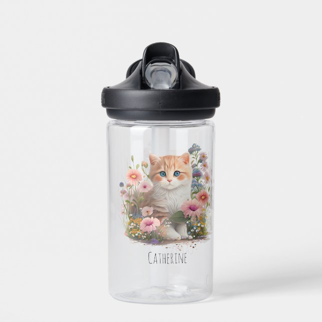 Cute Cat Kitten Floral Watercolor Personalised  Water Bottle (Front)