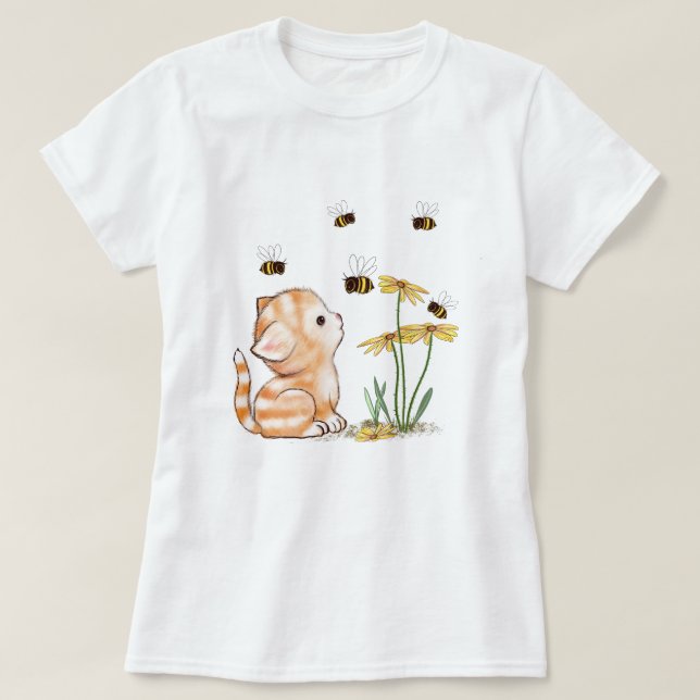 Cute Cat Kitten Flowers T shirts (Design Front)
