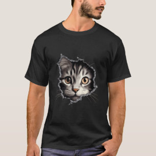 Cute Cat Kitten Looks From Torn Fabric Hole T-Shirt