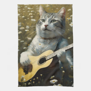 Cute Cat Kitten Playing Acoustic Guitar Tea Towel